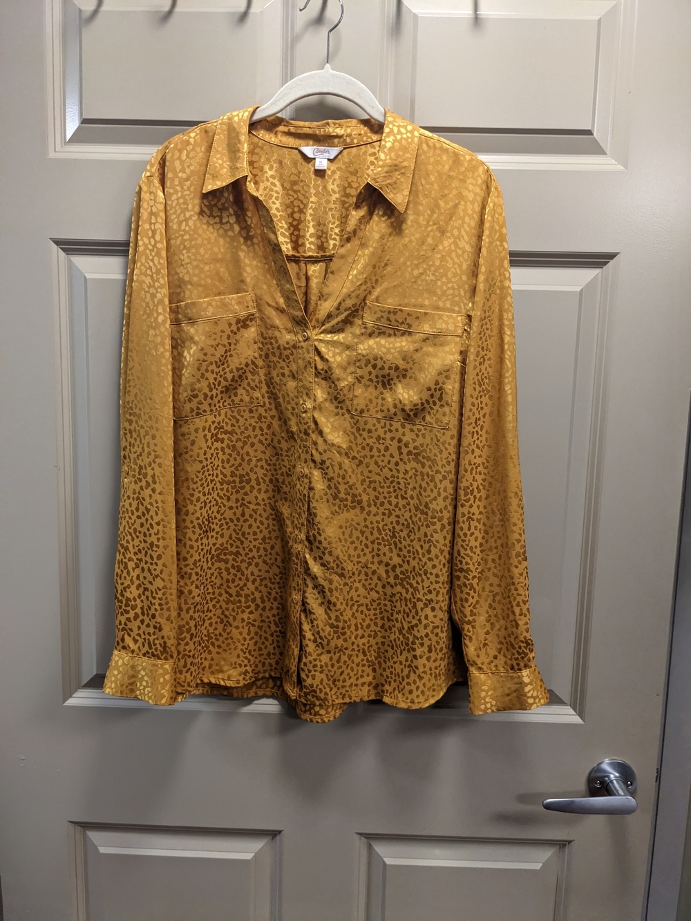 Candie's Golden Yellow Satin Leopard-Print Button Front Blouse Size XL